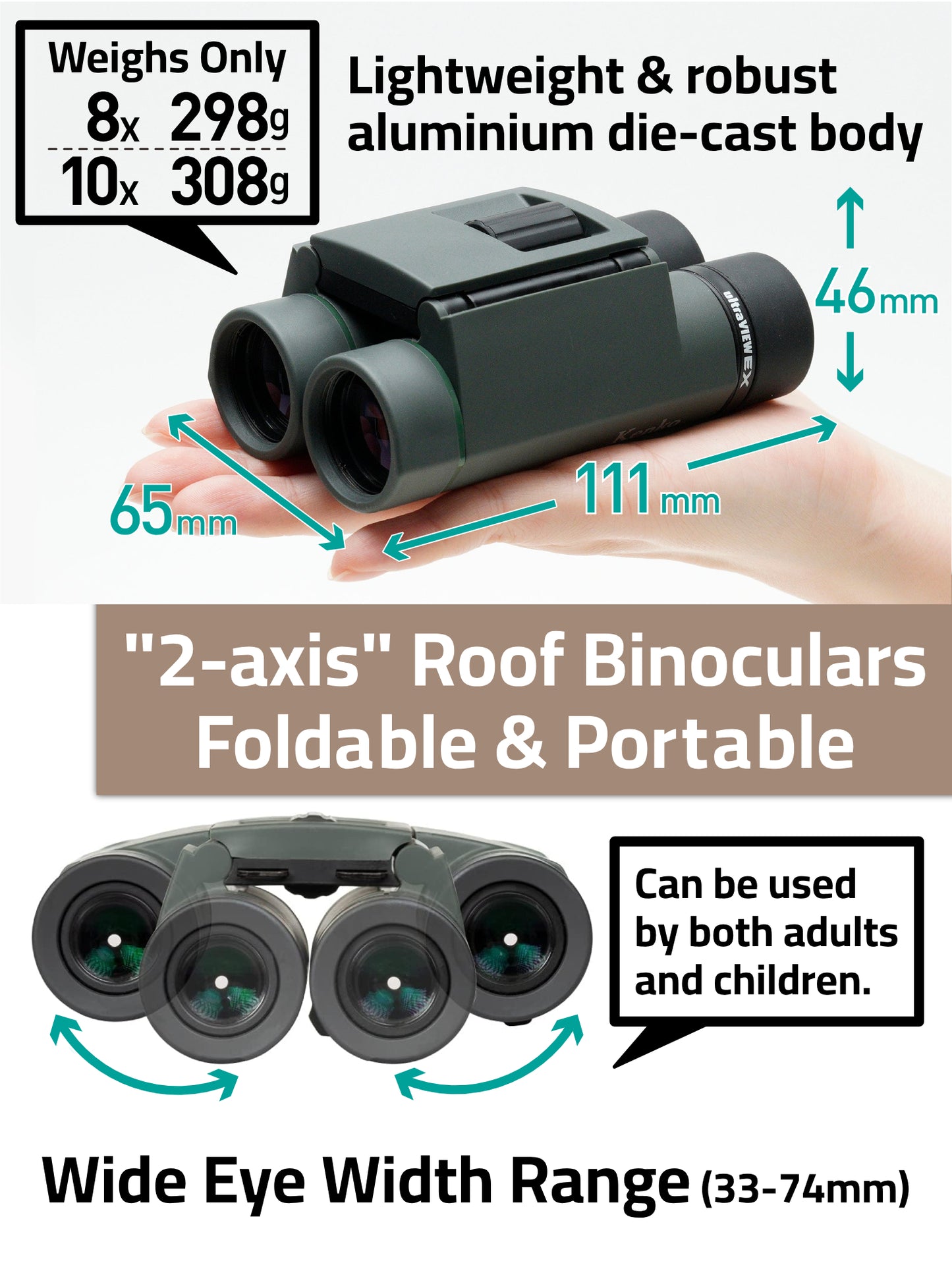 Kenko Ultraview EX Pocket Binocular, Roof Prism, Lightweight & Compact, IPX7 Waterproof, Made in Japan